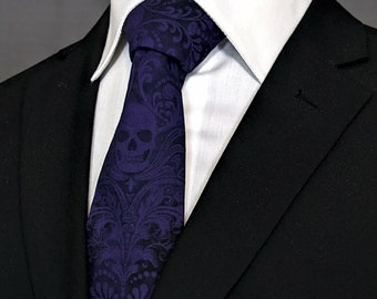 Black and Dark Purple Skull Cotton Necktie | Handmade, Hand-dyed Damask Gothic Tie for Men