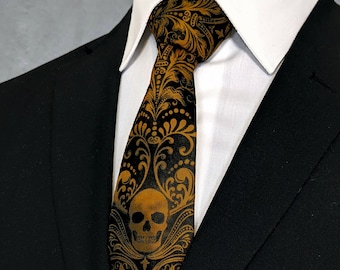 Copper Skull Necktie – Mens Copper Skull Tie Available as a Extra Long and a Skinny Necktie