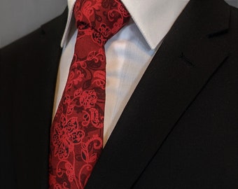 Red Floral Tie – Mens Red and Black Metallic Floral Necktie