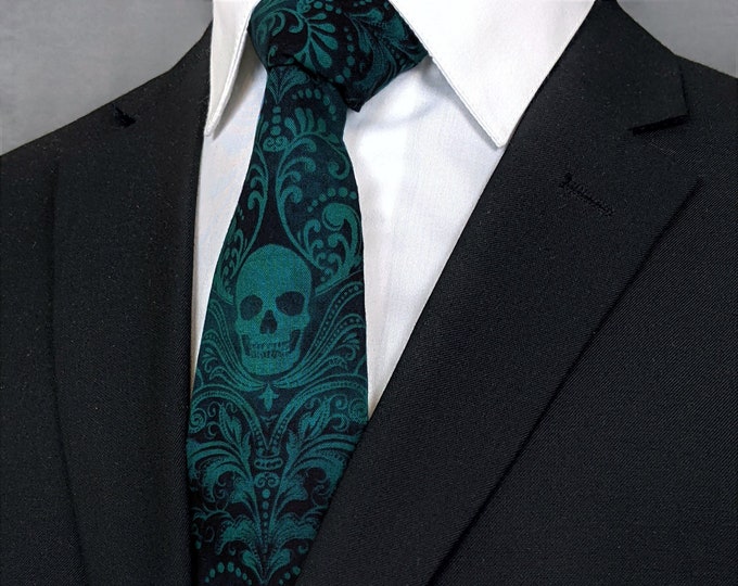 Emerald Green Skull Necktie – Hand-made 100% Cotton tie for Men or Women – Gothic Fashion Accessory