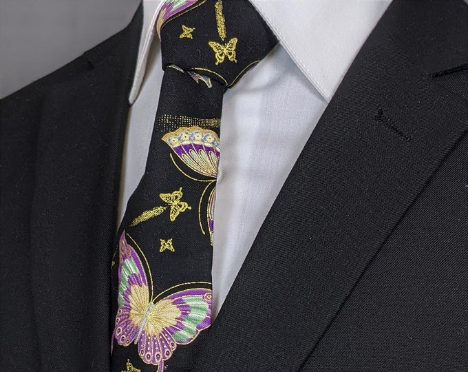 Butterfly Necktie – Mens Black with Colorful Butterfly Tie