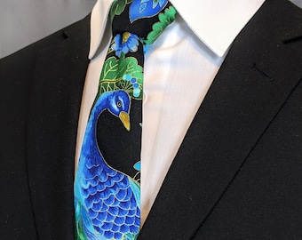 Peacock Necktie – Mens Floral Tie / Peacock with colorful Floral Motif, Alos Makes a Great Wedding Tie.