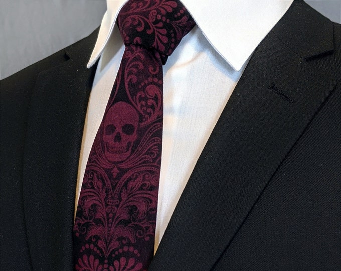 Skull Neck Tie – Wine Red and Black Skull Ties, Please read item description.. Pocket Square not included!