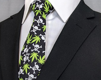 Pot Leaf Skull Tie – Mens Black, Green and White Pot Leaf Skull Necktie.