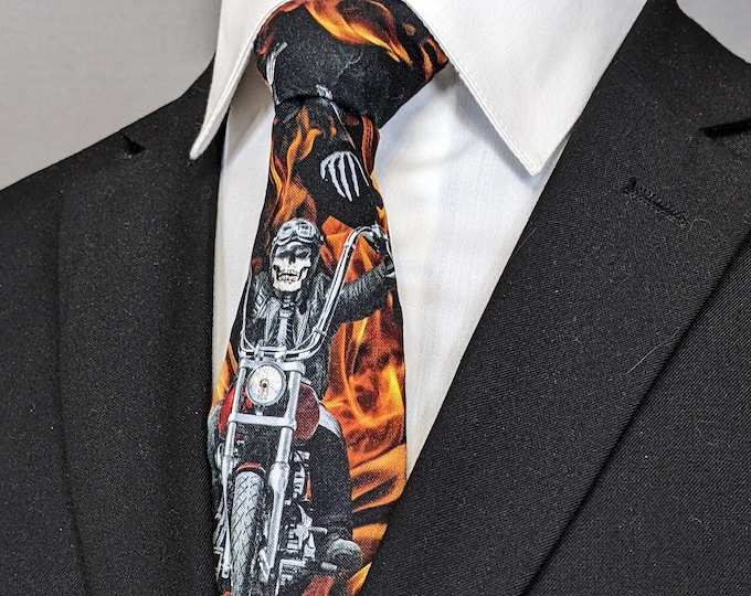 Flaming Skulls on Motorcycle Necktie