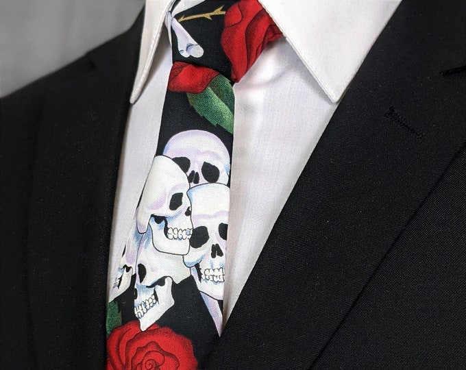 Skull and Roses Tie – Mens Skull and Floral Necktie