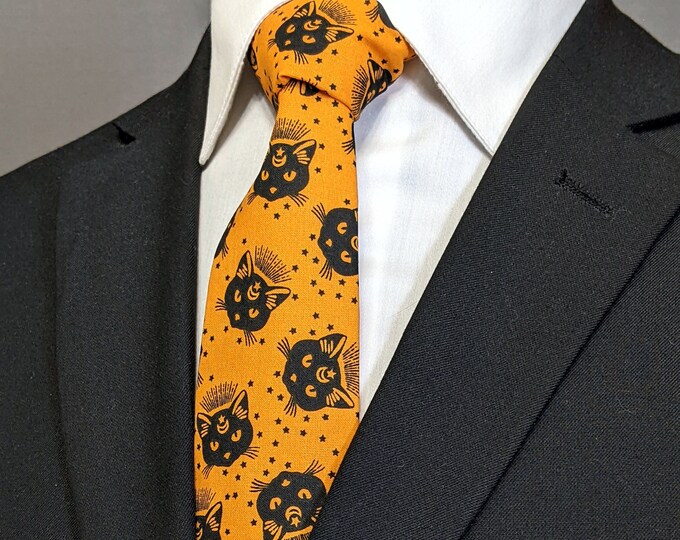 Halloween Cat Necktie - Orange Background, Black Cat Design