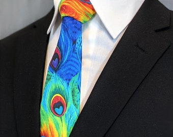 Rainbow Peacock Feather Cotton Necktie — Handmade, Custom-sized