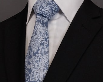 Ice Blue Paisley Necktie: Handmade Cotton Accessory