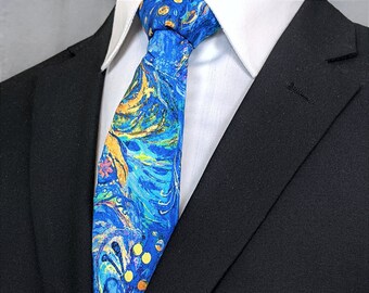 Abstract Peacock Cotton Necktie | Handmade Men's Blue, Yellow, and Red Spotted Peafowl Tie