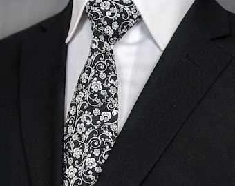 Cravatta nuziale floreale – Cravatta floreale bianca e nera, Alos disponibile come cravatta attillata.