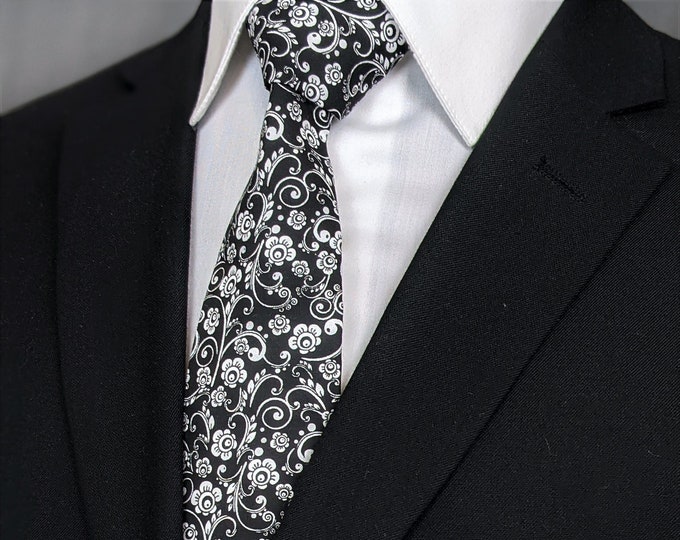 Floral Wedding Tie – White and Black Floral Necktie, Alos Available as a Skinny Tie.
