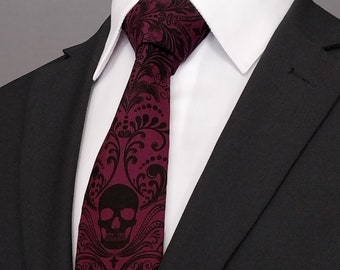 Wine Red with Black Skulls, Damask Cotton Necktie: Handmade, Hand-dyed Gothic Accessory