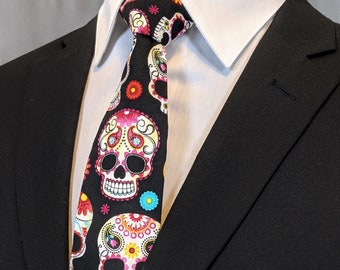Colorful Sugar Skull Cotton Necktie | Handmade Men's Gift Tie with Black Floral Background