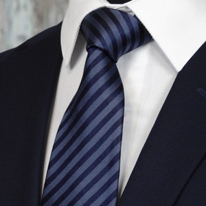 Striped Tie – Mens Navy and Blue Silk Striped Necktie.