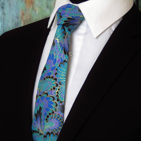 Peacock – Colorful Peacock Feathers Motif Tie, Great Wedding Tie and Gift for Father of the Bride, Available Skinny Tie