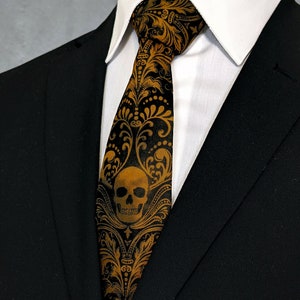 Copper Skull Necktie – Mens Copper Skull Tie Available as a Extra Long and a Skinny Necktie
