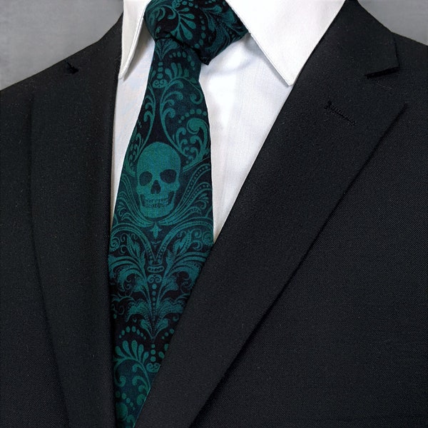 Emerald Green Skull Necktie – Hand-made 100% Cotton tie for Men or Women – Gothic Fashion Accessory