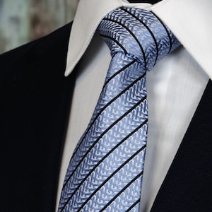 Light Blue Tie – Mens Light Blue with Black Stripe Silk Necktie