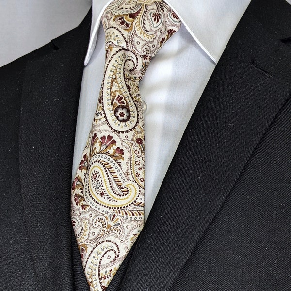 Cream Paisley Necktie – Men's or Womens Elegant and Timeless Tie for Weddings or Work.