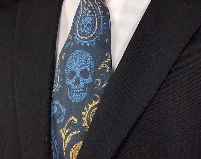 Skull Paisley Cotton Necktie – Gold Blue Gothic Alternative Men's Tie