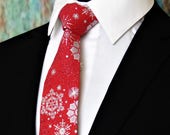 Red Christmas Tie – Mens Red and Silver Snowflake Necktie, Also available as a Skinny Tie.