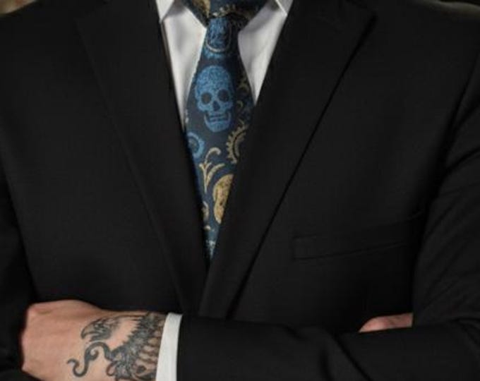 Blue Skull Necktie – Gothic Baroque Tie for Men, Dark Formal Accessory, Unique Gift for Him