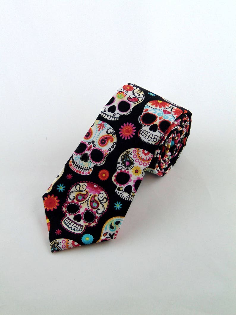 Sugar Skull Tie Colorful Cotton Sugar Skull Mens Necktie, Great Halloween Tie image 4