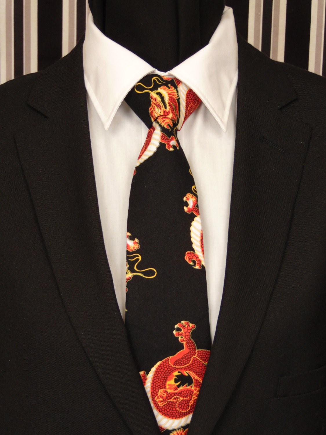 Dragon Necktie, Dragon Tie, Black Necktie, Black Tie, Mens Necktie