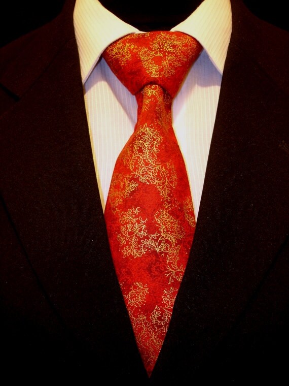 Red Necktie, Red Tie, Mens Necktie, Mens Tie, Gold, Floral, Tie