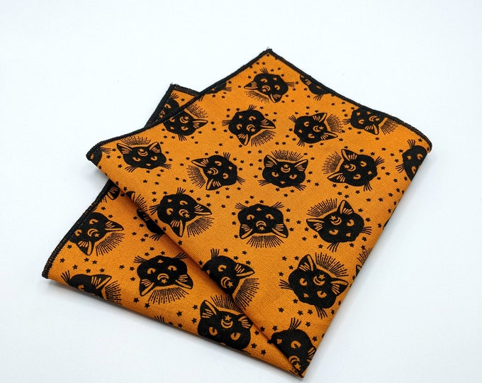 Halloween Cat Pocket Square – Orange Background, Black Cat Design