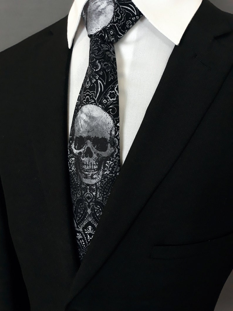 Gothic Skull Necktie Mens Black Gray and white Goth Skull | Etsy