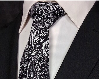 Black & White Paisley Necktie | Classic Floral Pattern Tie for Men | Handmade Formal Gift