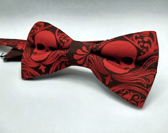 Black with Red Skull Bow Tie: Handmade, Hand-Dyed Cotton Gothic Accessory