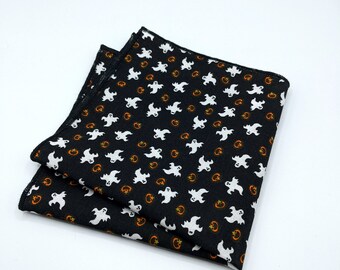 Ghost and Pumpkin Pocket Square: Handmade Halloween Cotton Accessory