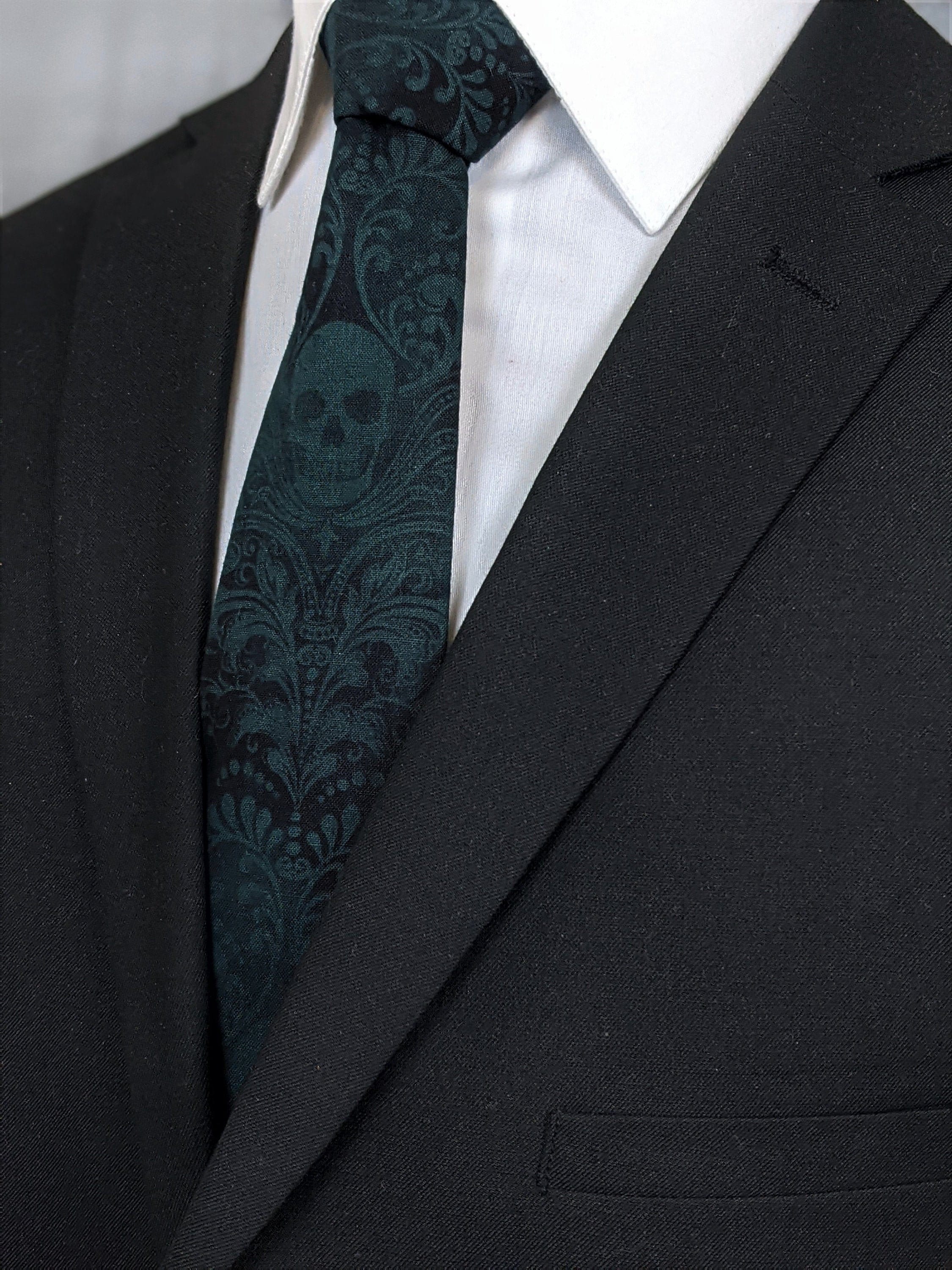 Black with Green Skulls Damask Cotton Necktie: Handmade, Hand-Dyed Gothic Accessory