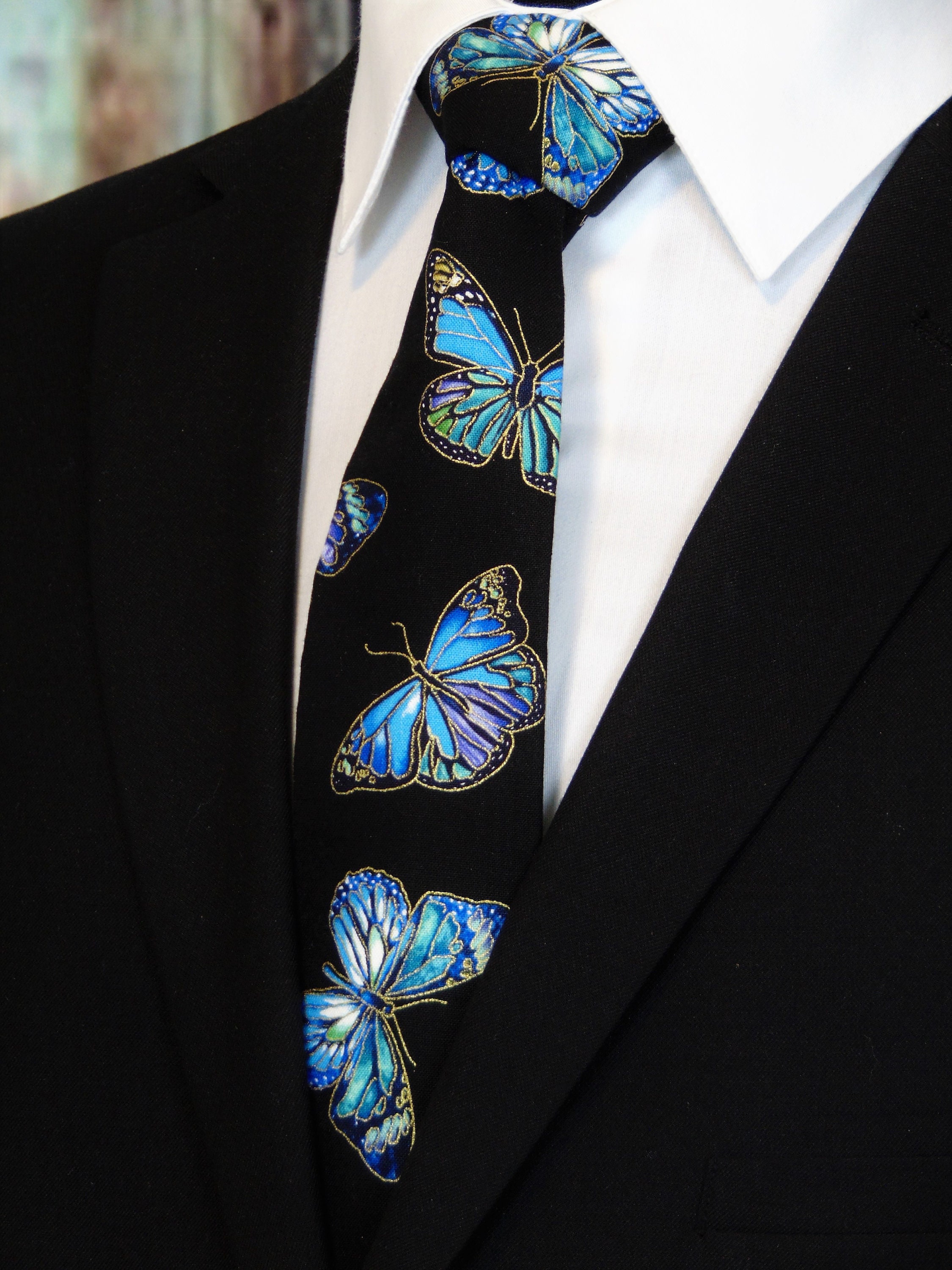Butterfly Necktie – Mens Black with Blue Butterfly Tie