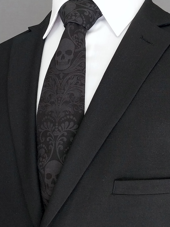 Black and Charcoal Skull Cotton Necktie | Handmade, Hand-dyed Damask Gothic Gift Tie for Men