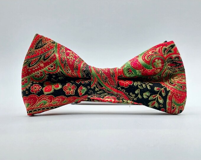 Christmas Paisley Bow Tie – 100% Cotton Gold Metallic on Black Background with Green and Red Paisley