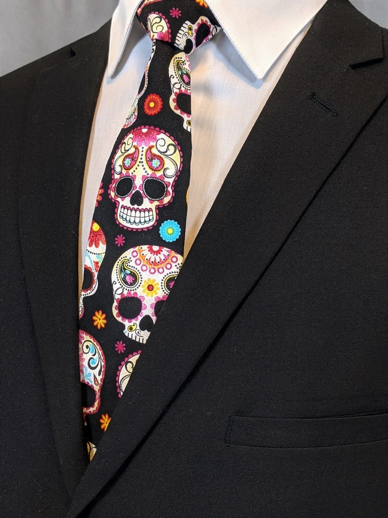 Sugar Skull Tie Colorful Cotton Sugar Skull Mens Necktie, Great Halloween Tie image 1