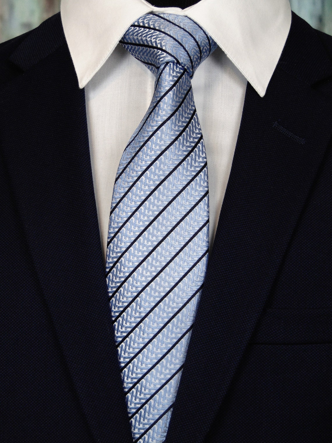 Light Blue Tie Mens Light Blue With Black Stripe Silk Etsy