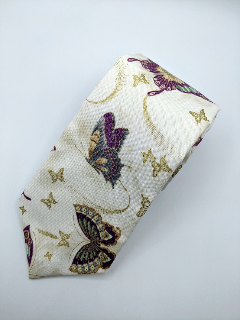 Butterfly Necktie Mens Cream with Colorful Butterfly Tie image 2