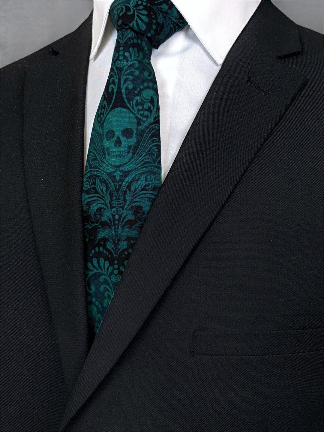 Emerald Green Skull Necktie Handmade 100 Cotton Tie for Men or Women Gothic Fashion Accessory