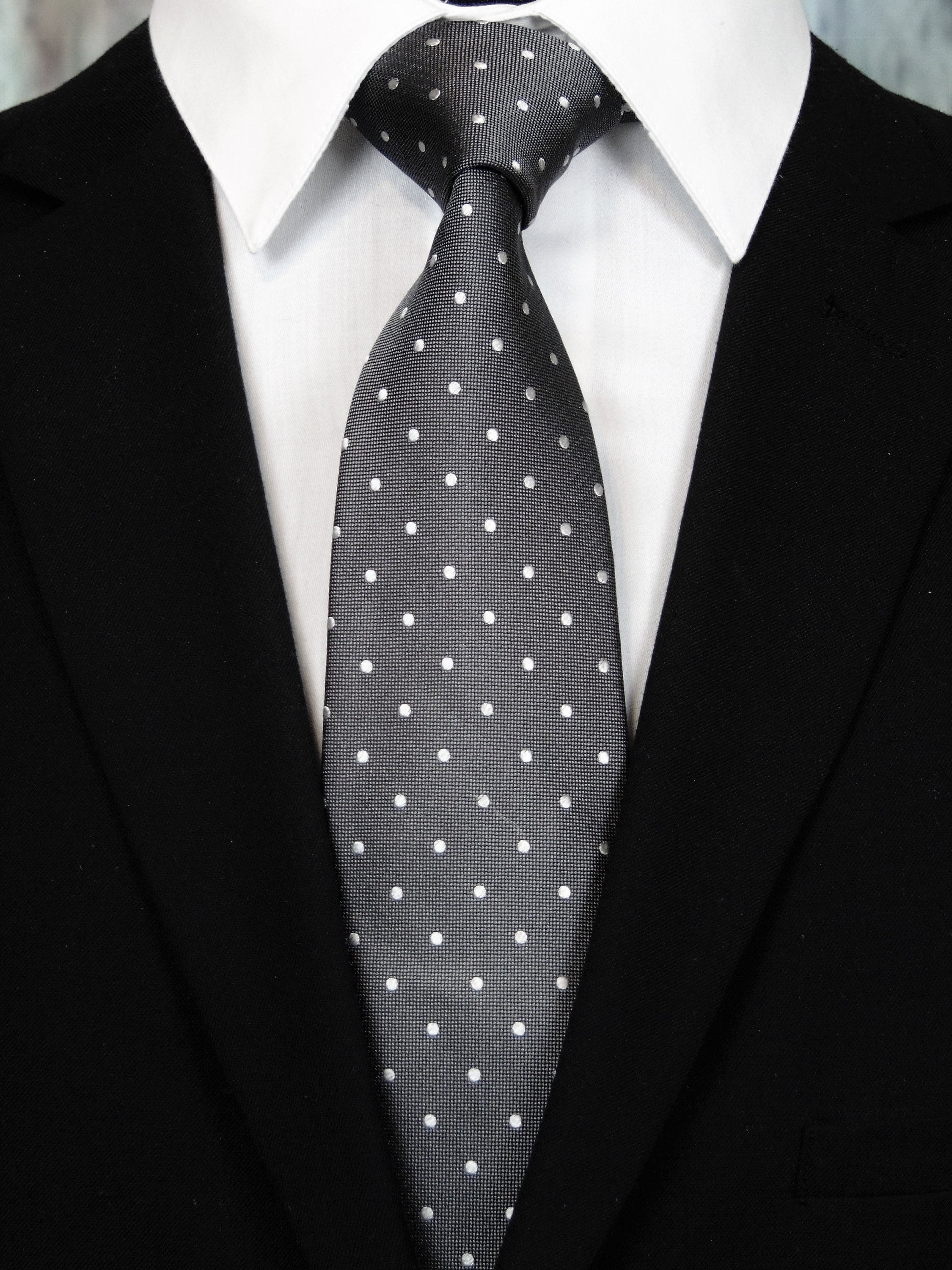 Silk Ties for Men – Mens Dark Gray with White Dots Silk Necktie.