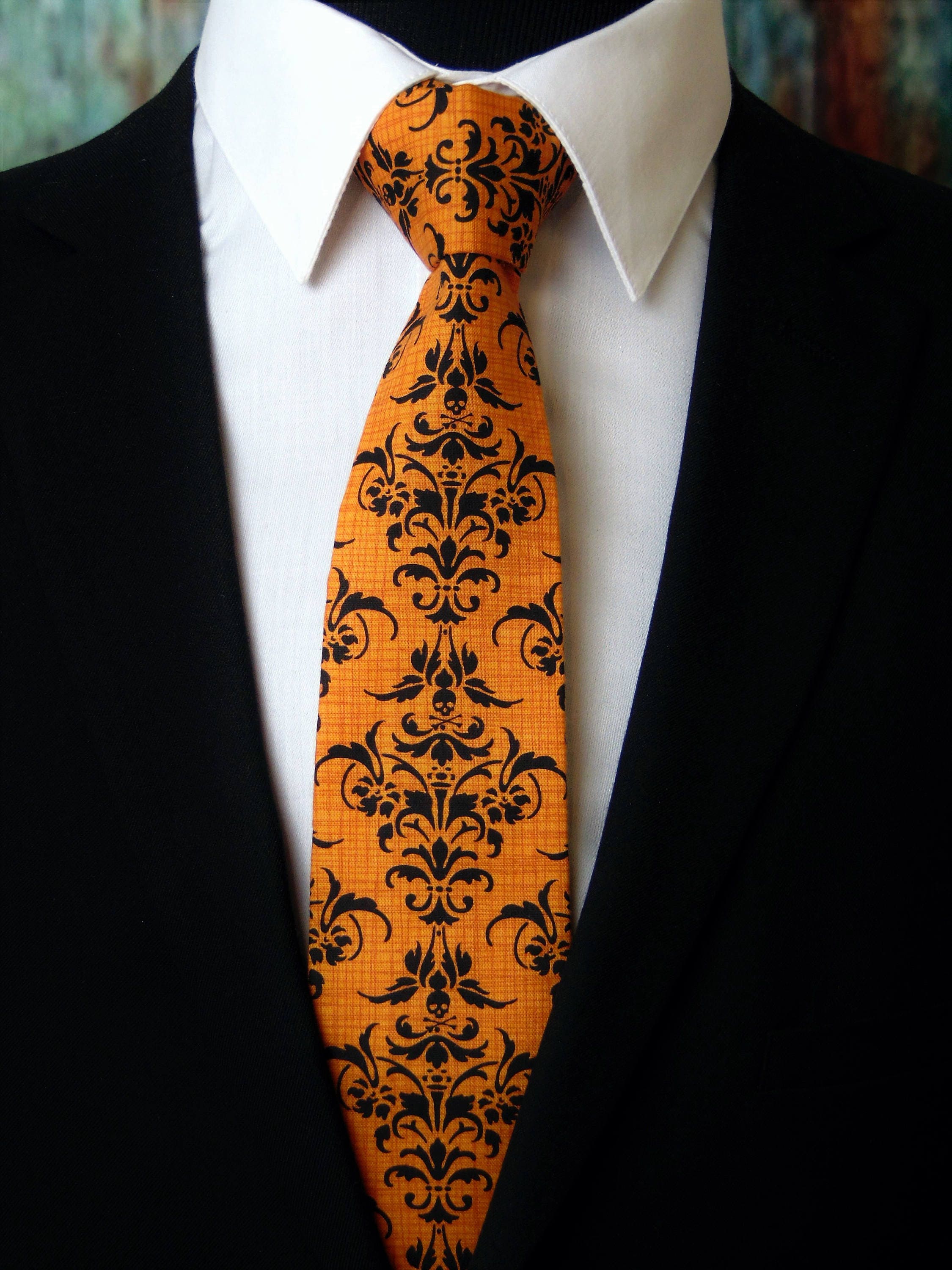 Halloween Tie Mens Necktie with Small Black Skull Tie Motif, Makes a