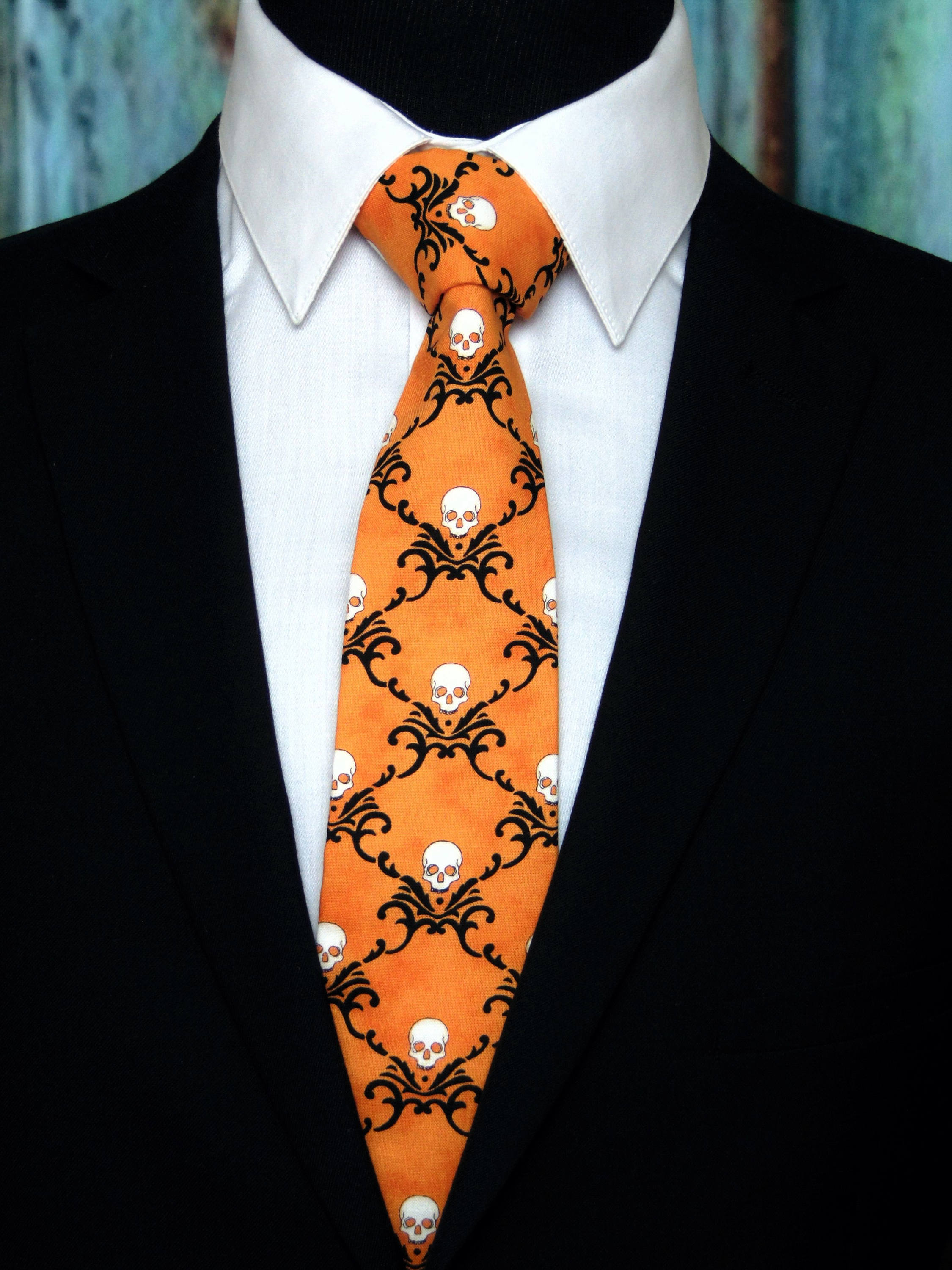 Skull Neck Tie Halloween Necktie with Goth Tie Theme and Orange