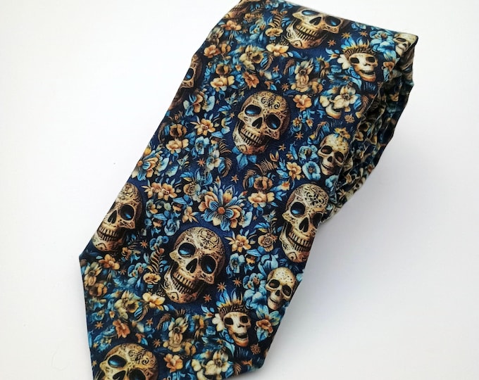 Men's Floral Skull Necktie - Unique Blue and Gold Day of the Dead Tie - Gothic Floral Patterned Tie - Perfect Gift for Him