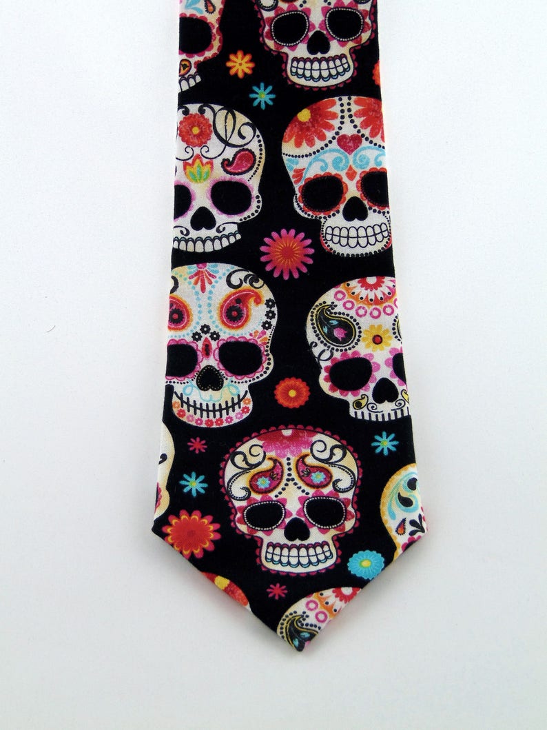 Sugar Skull Tie Colorful Cotton Sugar Skull Mens Necktie, Great Halloween Tie image 2