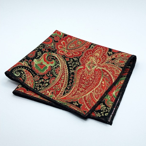 Christmas Paisley Pocket Square – Festive Red, Green and Black Holiday Handkerchief – Unique Gift Idea. Necktie Not Included!