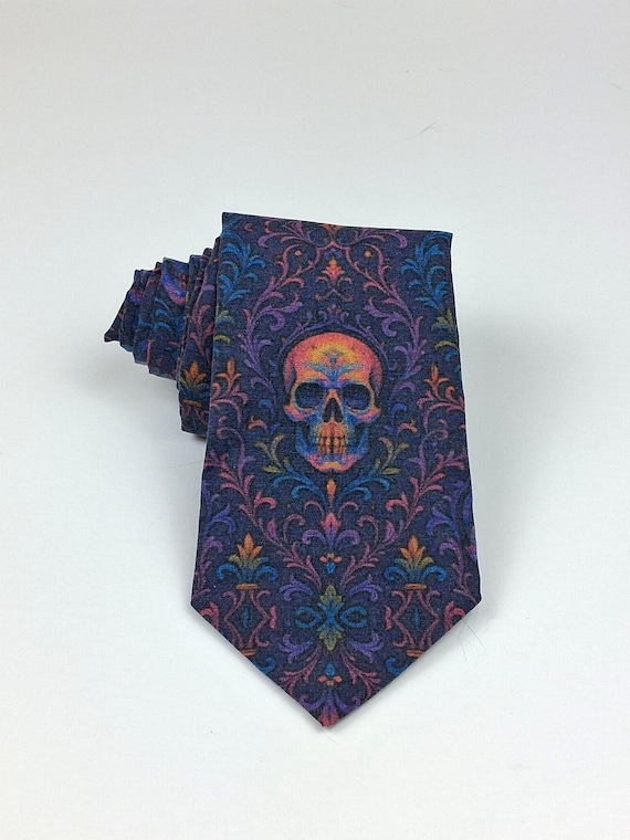 Faded Gothic Skull Necktie Dark Floral Mens Statement Tie